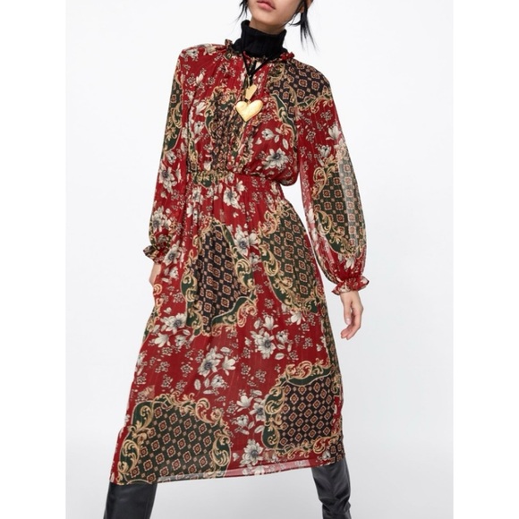 Zara bohemian floral printed metallic thread midi dress red gold - Picture 11 of 15
